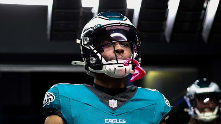Dec 8, 2024; Philadelphia, Pennsylvania, USA; Philadelphia Eagles cornerback Quinyon Mitchell (27) walks out of the tunnel for action against the Carolina Panthers at Lincoln Financial Field. Mandatory Credit: Bill Streicher-Imagn Images Dec 8, 2024; Philadelphia, Pennsylvania, USA; Philadelphia Eagles cornerback Quinyon Mitchell (27) walks out of the tunnel for action against the Carolina Panthers at Lincoln Financial Field. Mandatory Credit: Bill Streicher-Imagn Images