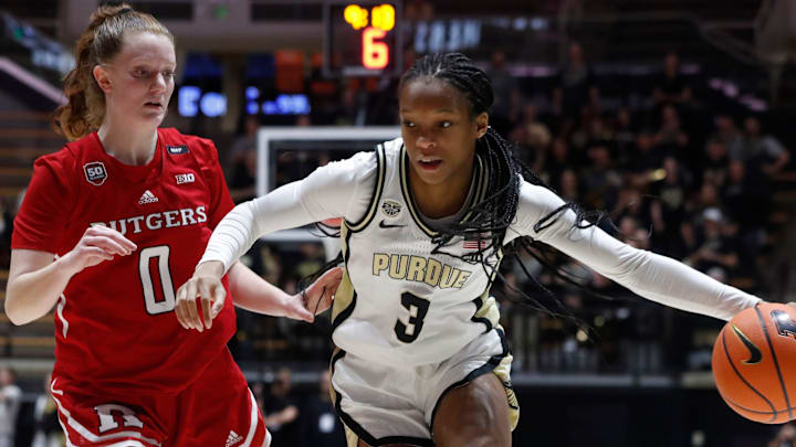 Rutgers Scarlet Knights guard Jillian Huerter (0) guards Purdue Boilermakers guard Jayla Smith (3) during the NCAA women   s basketball game, Tuesday, Jan. 2, 2024, at Mackey Arena in West Lafayette, Ind. Purdue Boilermakers won 77-76.