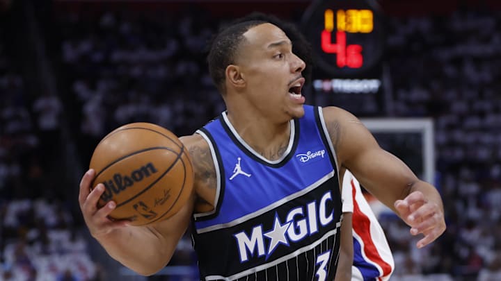 Apr 22, 2026; Detroit, Michigan, USA; Orlando Magic guard Desmond Bane (3) dribbles in the first half against the Detroit Pistons during game two of the first round of the 2026 NBA Playoffs at Little Caesars Arena. Mandatory Credit: Rick Osentoski-Imagn Images