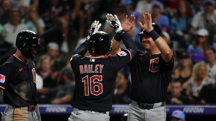 Cleveland Guardians catcher Patrick Bailey (16) celebrates with infielder Nathaniel Lowe (46) after a home run in the seventh inning against the Colorado Rockies at Coors Field on Aug. 21, 2026. Cleveland Guardians catcher Patrick Bailey (16) celebrates with infielder Nathaniel Lowe (46) after a home run in the seventh inning against the Colorado Rockies at Coors Field on Aug. 21, 2026.