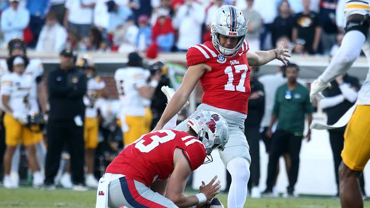 Oct 17, 2026; Oxford, Mississippi, USA; Mississippi Rebels kicker Lucas Carneiro (17) kicks a point after touchdown during the fourth quarter against the Missouri Tigers at Vaught-Hemingway Stadium. Mandatory Credit: Petre Thomas-Imagn Images Oct 17, 2026; Oxford, Mississippi, USA; Mississippi Rebels kicker Lucas Carneiro (17) kicks a point after touchdown during the fourth quarter against the Missouri Tigers at Vaught-Hemingway Stadium. Mandatory Credit: Petre Thomas-Imagn Images