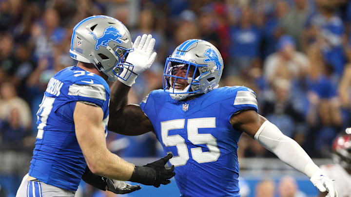 Detroit Lions linebacker Derrick Barnes (55) celebrates with teammate Aidan Hutchinson during the Detroit Lions' Week 2 game against the Tampa Bay Buccaneers on Sept. 15, 2024. Detroit Lions linebacker Derrick Barnes (55) celebrates with teammate Aidan Hutchinson during the Detroit Lions' Week 2 game against the Tampa Bay Buccaneers on Sept. 15, 2024.