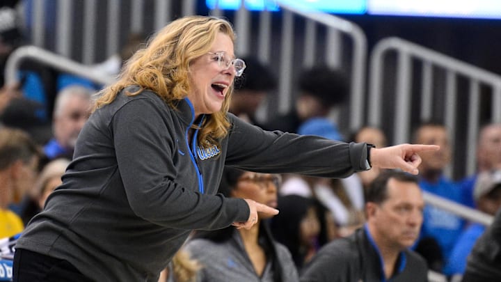 Mar 21, 2025; Los Angeles, California, USA; UCLA Bruins head coach Cori Close during the first quarter of an NCAA Tournament first-round game against the Southern Lady Jaguars at Pauley Pavilion presented by Wescom. Mandatory Credit: Robert Hanashiro-Imagn Images