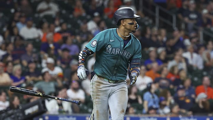 Seattle Mariners center fielder Julio Rodriguez (44) hits an RBI double during the ninth inning against the Houston Astros at Minute Maid Park on Sept 23.