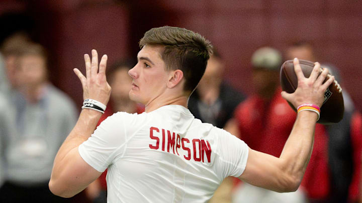 March 25, 2026; Tuscaloosa, AL, USA; Quarterback Ty Simpson throws during Pro Day in the Hank Crisp Indoor Practice Facility at the University of Alabama.