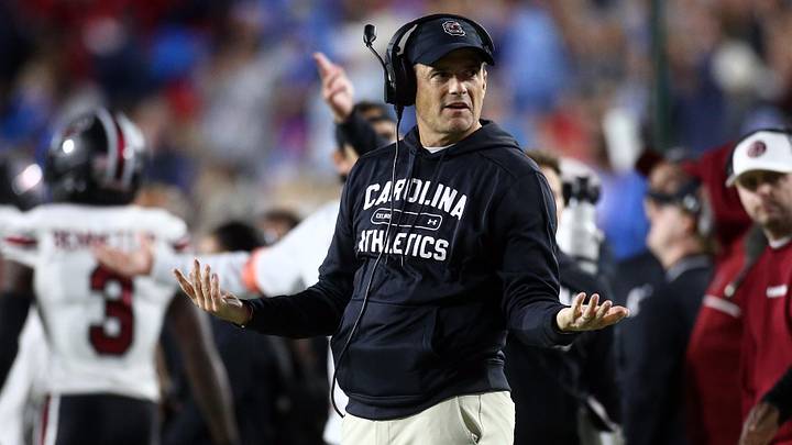 Nov 1, 2025; Oxford, Mississippi, USA; South Carolina Gamecocks head coach Shane Beamer reacts during the second quarter against the Mississippi Rebels at Vaught-Hemingway Stadium. Mandatory Credit: Petre Thomas-Imagn Images