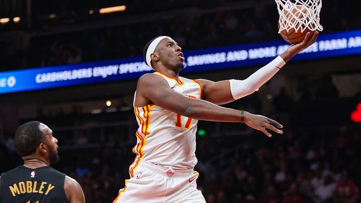 Oct 29, 2026; Atlanta, Georgia, USA; Atlanta Hawks forward Onyeka Okongwu (17) shoots against the Cleveland Cavaliers in the second quarter at State Farm Arena. Mandatory Credit: Brett Davis-Imagn Images