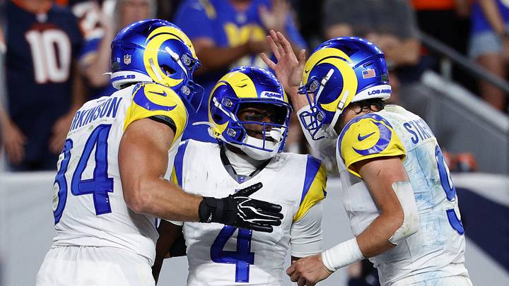 Sep 27, 2026; Denver, Colorado, USA; Los Angeles Rams wide receiver Konata Mumpfield (4) celebrates with quarterback Matthew Stafford (9) and tight end Colby Parkinson (84) after scoring a touchdown against the Denver Broncos during the second half at Empower Field at Mile High. Mandatory Credit: Isaiah J. Downing-Imagn Images Sep 27, 2026; Denver, Colorado, USA; Los Angeles Rams wide receiver Konata Mumpfield (4) celebrates with quarterback Matthew Stafford (9) and tight end Colby Parkinson (84) after scoring a touchdown against the Denver Broncos during the second half at Empower Field at Mile High. Mandatory Credit: Isaiah J. Downing-Imagn Images