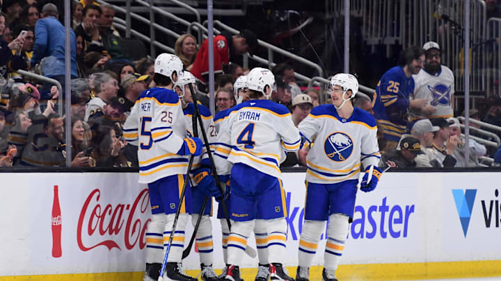 Apr 26, 2026; Boston, Massachusetts, USA; Buffalo Sabres defenseman Bowen Byram (4) celebrates his goal with his teammates during the first period in game four of the first round of the 2026 Stanley Cup Playoffs against the Boston Bruins at TD Garden. Mandatory Credit: Bob DeChiara-Imagn Images