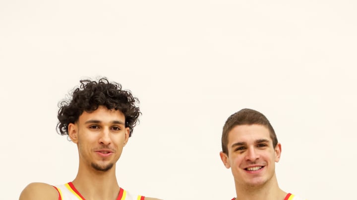 Jun 28, 2024; Atlanta, Georgia, USA; Atlanta Hawks draft picks Zaccharie Risacher (10) and Nikola Djurisic (7) poses for a photo at the Emory Sports Medicine Complex. Mandatory Credit: Brett Davis-USA TODAY Sports