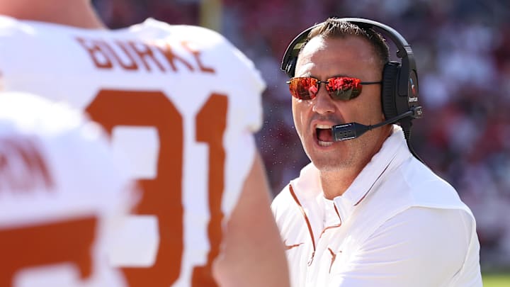 Nov 16, 2024; Fayetteville, Arkansas, USA; Texas Longhorns head coach Steve Sarkisian reacts during the first half against the Arkansas Razorbacks at Donald W. Reynolds Razorback Stadium. Mandatory Credit: Nelson Chenault-Imagn Images