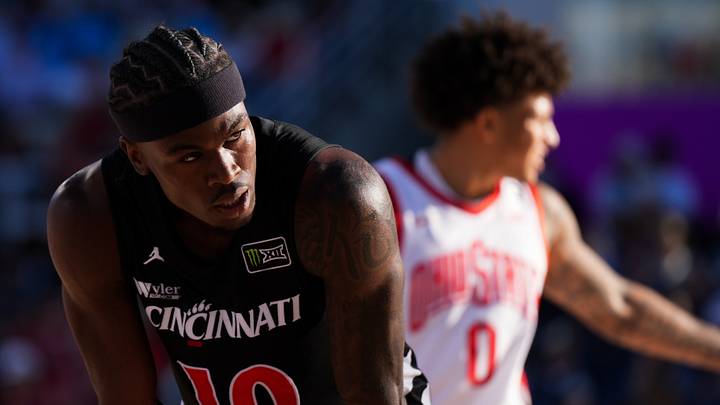 Oct 7, 2026; Mason, OH, USA;  Cincinnati Bearcats guard Tylen Riley (10) prepares to attempt a free throw against the Ohio State Buckeyes in the second half during the 2026 CareSource Invitational at the Lindner Family Tennis Center. Mandatory Credit: Aaron Doster-Imagn Images