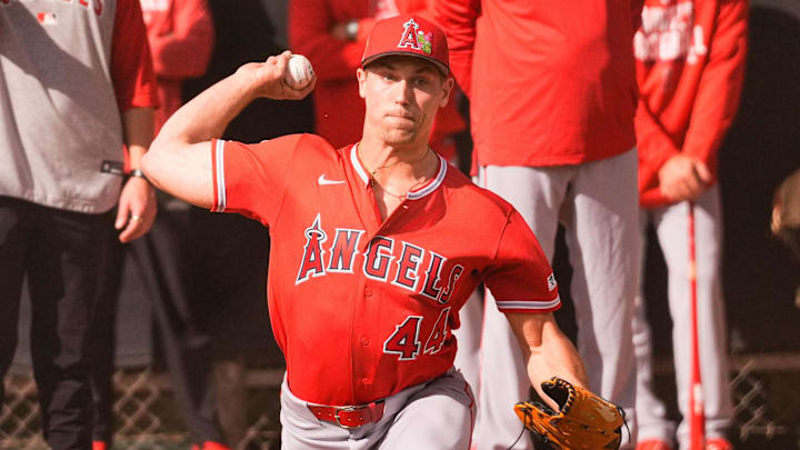 Feb 11, 2026; Tempe, AZ, USA; Los Angeles Angels pitcher Ben Joyce during pitchers and catchers workouts at Tempe Diablo Stadium in Tempe Arizona. Mandatory Credit: Arianna Grainey-Imagn Images Feb 11, 2026; Tempe, AZ, USA; Los Angeles Angels pitcher Ben Joyce during pitchers and catchers workouts at Tempe Diablo Stadium in Tempe Arizona. Mandatory Credit: Arianna Grainey-Imagn Images