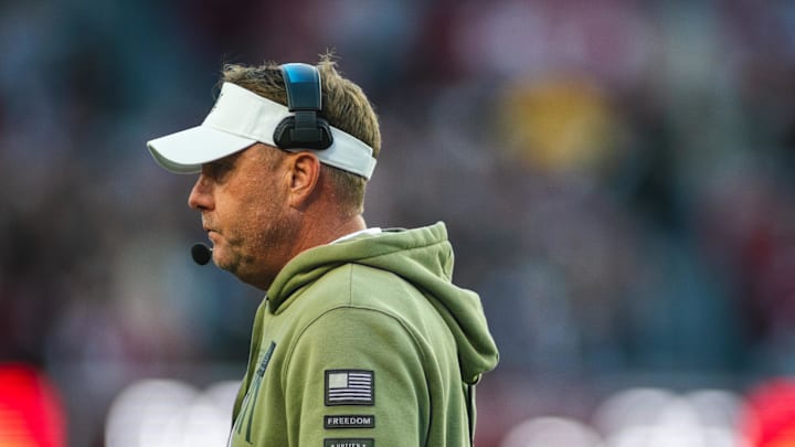 Nov 30, 2024; Tuscaloosa, Alabama, USA; Auburn Tigers head coach Hugh Freeze walks toward the sideline during the second quarter against the Alabama Crimson Tide at Bryant-Denny Stadium. Mandatory Credit: Will McLelland-Imagn Images