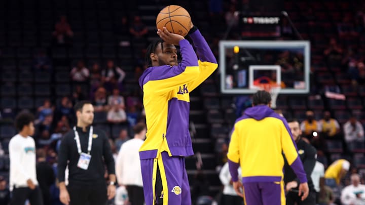 Nov 6, 2024; Memphis, Tennessee, USA; Los Angeles Lakers guard Bronny James (9) shoots during warm ups  prior to the game against the Memphis Grizzlies at FedExForum. Mandatory Credit: Petre Thomas-Imagn Images