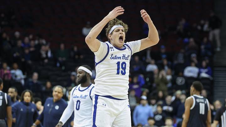 Dec 22, 2024; Newark, New Jersey, USA; Seton Hall Pirates forward Gus Yalden (19) celebrates during a timeout in the second half against the Georgetown Hoyas at Prudential Center. Mandatory Credit: Wendell Cruz-Imagn Images