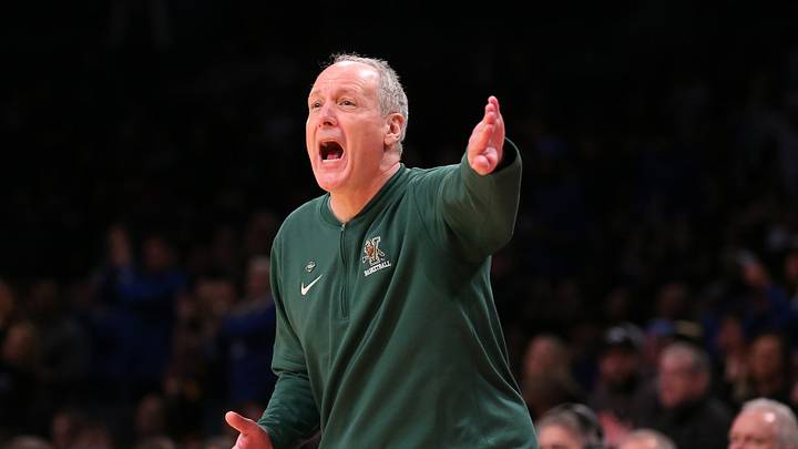 Mar 22, 2024; Brooklyn, NY, USA; Vermont Catamounts head coach John Becker reacts against the Duke Blue Devils in the first round of the 2024 NCAA Tournament at the Barclays Center. Mandatory Credit: Brad Penner-USA TODAY Sports
