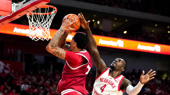 Jan 3, 2024; Lincoln, Nebraska, USA; Nebraska Cornhuskers forward Juwan Gary (4) blocks a shot by