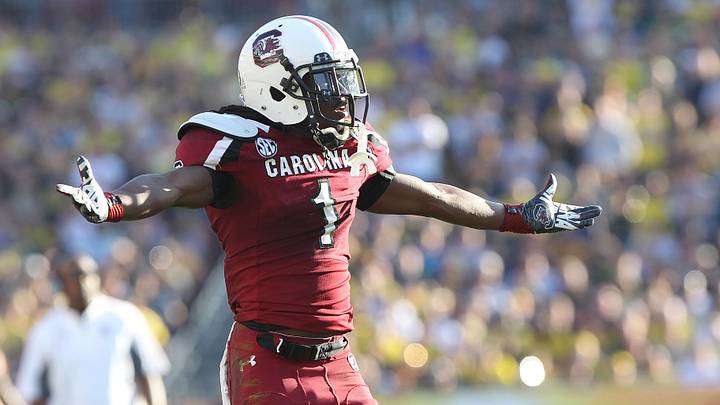 January 1,2013; Tampa, FL, USA; South Carolina Gamecocks wide receiver Ace Sanders (1) reacts against the Michigan Wolverines during the second half of the 2013 Outback Bowl at Raymond James Stadium. South Carolina Gamecocks defeated the Michigan Wolverines 33-28. Mandatory Credit: Kim Klement-Imagn Images