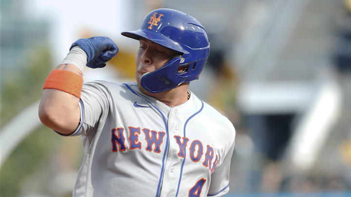 Jun 10, 2023; Pittsburgh, Pennsylvania, USA;  New York Mets catcher Francisco Alvarez (4) gestures