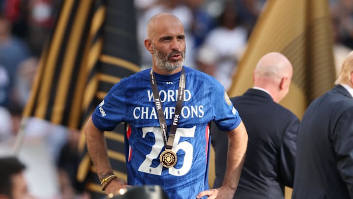 Jul 13, 2025; East Rutherford, New Jersey, USA; Chelsea FC head coach Enzo Maresca looks on after the final of the 2025 FIFA Club World Cup against Paris Saint-Germain at MetLife Stadium. Mandatory Credit: Vincent Carchietta-Imagn Images