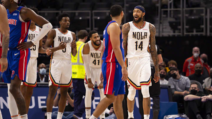 Feb 1, 2022; Detroit, Michigan, USA; New Orleans Pelicans forward Brandon Ingram (14) reacts after getting ejected from the game during the fourth quarter against the Detroit Pistons at Little Caesars Arena. Mandatory Credit: Raj Mehta-Imagn Images