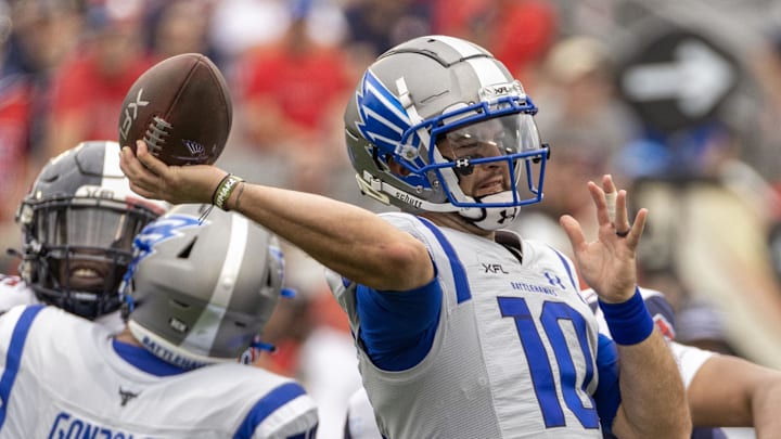 Apr 2, 2023; Houston, TX, USA; Louis Battlehawks quarterback A.J. McCarron (10) passes against the Apr 2, 2023; Houston, TX, USA; Louis Battlehawks quarterback A.J. McCarron (10) passes against the