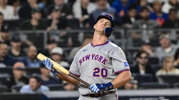 May 16, 2025; Bronx, New York, USA; New York Mets first baseman Pete Alonso (20) reacts after striking out against the New York Yankees during the eighth inning at Yankee Stadium. Mandatory Credit: John Jones-Imagn Images May 16, 2025; Bronx, New York, USA; New York Mets first baseman Pete Alonso (20) reacts after striking out against the New York Yankees during the eighth inning at Yankee Stadium. Mandatory Credit: John Jones-Imagn Images