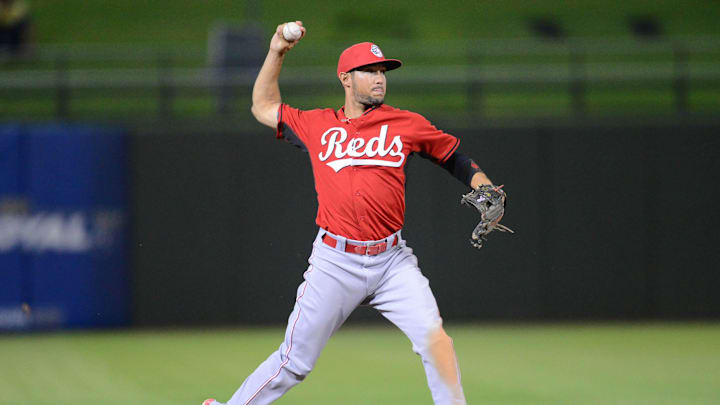 Mar 23, 2015; Surprise, AZ, USA; Cincinnati Reds shortstop Kristopher Negron (17) throws to first base against the Texas Rangers at Surprise Stadium. Mandatory Credit: Joe Camporeale-Imagn Images Mar 23, 2015; Surprise, AZ, USA; Cincinnati Reds shortstop Kristopher Negron (17) throws to first base against the Texas Rangers at Surprise Stadium. Mandatory Credit: Joe Camporeale-Imagn Images