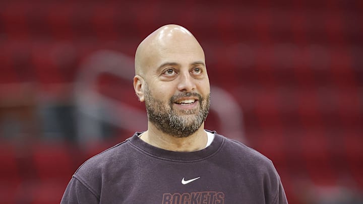 Jan 6, 2024; Houston, Texas, USA; Houston Rockets general manager Rafael Stone looks up on the court before the game against the Milwaukee Bucks at Toyota Center. Mandatory Credit: Troy Taormina-Imagn Images