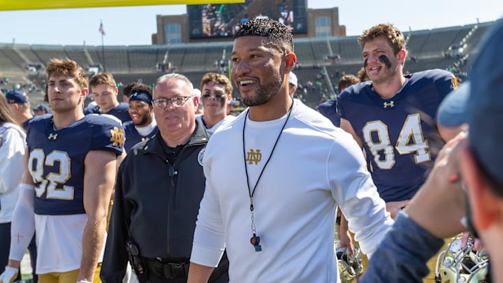 Apr 12, 2025; Notre Dame, IN, USA; Notre Dame Fighting Irish head coach Marcus Freeman smiles as he walks off the field after the Blue-Gold game at Notre Dame Stadium. Mandatory Credit: Michael Caterina-Imagn Images