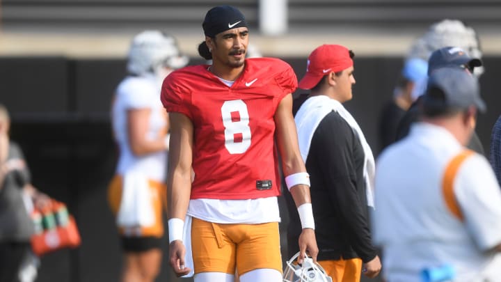 Tennessee quarterback Nico Iamaleava (8) during a fall Tennessee football practice, in Knoxville, Tenn., Thursday, Aug. 8, 2024. Tennessee quarterback Nico Iamaleava (8) during a fall Tennessee football practice, in Knoxville, Tenn., Thursday, Aug. 8, 2024.