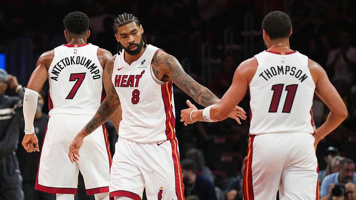 Oct 14, 2026; Miami, Florida, USA; Miami Heat center Nick Richards (8) congratulates guard Klay Thompson (11) during a timeout in the first half against the Brooklyn Nets at Kaseya Center. Mandatory Credit: Jim Rassol-Imagn Images Oct 14, 2026; Miami, Florida, USA; Miami Heat center Nick Richards (8) congratulates guard Klay Thompson (11) during a timeout in the first half against the Brooklyn Nets at Kaseya Center. Mandatory Credit: Jim Rassol-Imagn Images