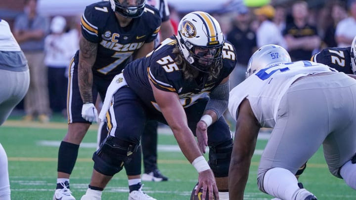 Sep 9, 2023; Columbia, Missouri, USA; Missouri Tigers offensive lineman Connor Tollison (55) lines up against the Middle Tennessee Blue Raiders during the game at Faurot Field at Memorial Stadium. Sep 9, 2023; Columbia, Missouri, USA; Missouri Tigers offensive lineman Connor Tollison (55) lines up against the Middle Tennessee Blue Raiders during the game at Faurot Field at Memorial Stadium.