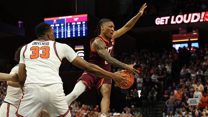 Mar 7, 2026; Charlottesville, Va.; Virginia guard Chance Mallory (2) knocks the ball from Virginia Tech guard Ben Hammond (3). Mar 7, 2026; Charlottesville, Va.; Virginia guard Chance Mallory (2) knocks the ball from Virginia Tech guard Ben Hammond (3).