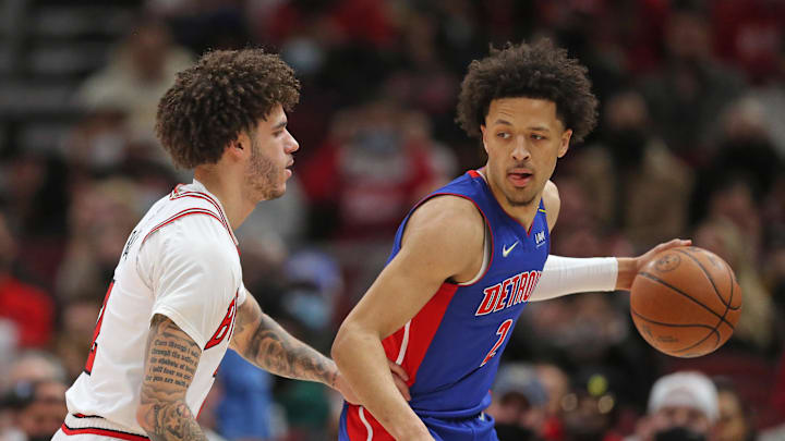 Jan 11, 2022; Chicago, Illinois, USA; (Editors note: caption correction) Detroit Pistons guard Cade Cunningham (2) is defended by Chicago Bulls guard Lonzo Ball (left) during the first quarter at the United Center. Mandatory Credit: Dennis Wierzbicki-USA TODAY Sports