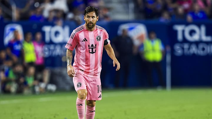 Jul 16, 2025; Cincinnati, Ohio, USA; Inter Miami CF forward Lionel Messi (10) dribbles against FC Cincinnati in the second half at TQL Stadium. Mandatory Credit: Katie Stratman-Imagn Images