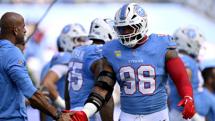 Sep 13, 2026; Nashville, Tennessee, USA; Tennessee Titans defensive tackle Jeffery Simmons (98) during warmups before the game against the New York Jets at Nissan Stadium. Sep 13, 2026; Nashville, Tennessee, USA; Tennessee Titans defensive tackle Jeffery Simmons (98) during warmups before the game against the New York Jets at Nissan Stadium.