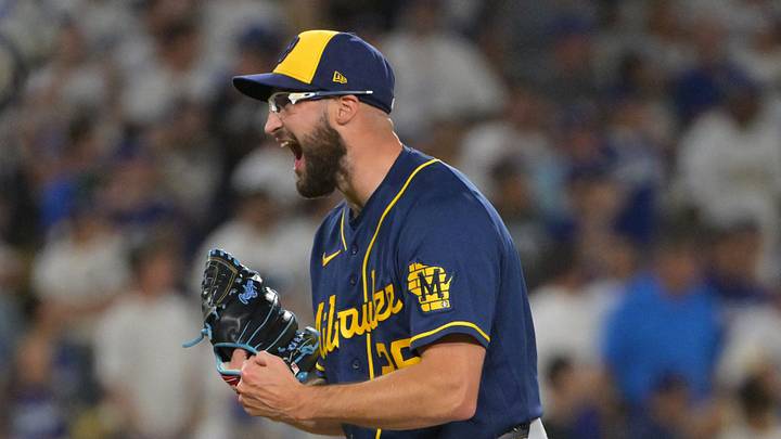 Oct 15, 2026; Los Angeles, California, USA; Milwaukee Brewers pitcher Aaron Ashby (26) reacts after defeating the Los Angeles Dodgers in game four of the NLCS for the 2026 MLB Playoffs at Uniqlo Field at Dodger Stadium. Mandatory Credit: Jayne Kamin-Oncea-Imagn Images Oct 15, 2026; Los Angeles, California, USA; Milwaukee Brewers pitcher Aaron Ashby (26) reacts after defeating the Los Angeles Dodgers in game four of the NLCS for the 2026 MLB Playoffs at Uniqlo Field at Dodger Stadium. Mandatory Credit: Jayne Kamin-Oncea-Imagn Images