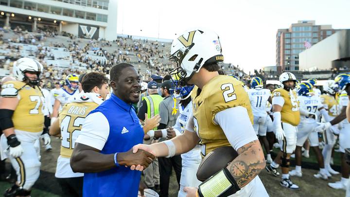 Sep 12, 2026; Nashville, Tennessee, USA; Vanderbilt Commodores quarterback Jared Curtis (2) celebrates the win after their game against the Delaware Blue Hens at FirstBank Stadium. Mandatory Credit: Steve Roberts-Imagn Images Sep 12, 2026; Nashville, Tennessee, USA; Vanderbilt Commodores quarterback Jared Curtis (2) celebrates the win after their game against the Delaware Blue Hens at FirstBank Stadium. Mandatory Credit: Steve Roberts-Imagn Images