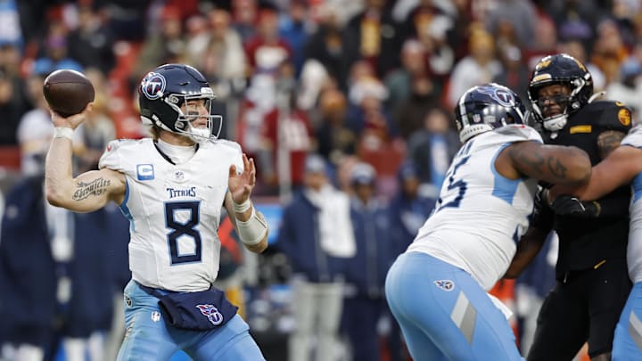 Dec 1, 2024; Landover, Maryland, USA; Tennessee Titans quarterback Will Levis (8) passes the ball against the Washington Commanders during the fourth quarter at Northwest Stadium. Mandatory Credit: Geoff Burke-Imagn Images