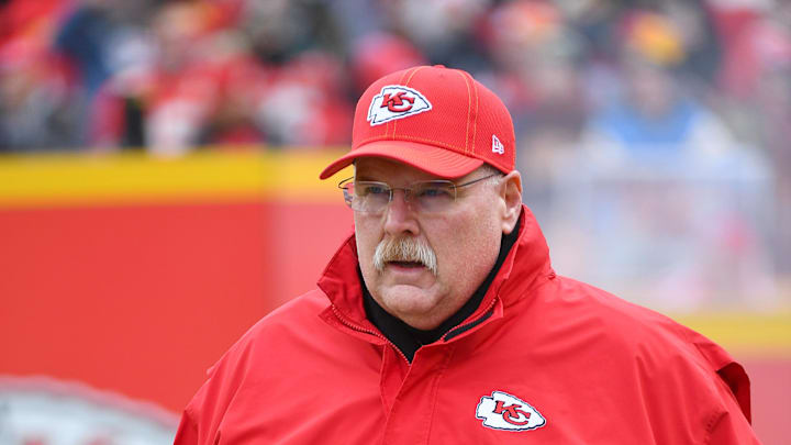 Dec 29, 2019; Kansas City, Missouri, USA; Kansas City Chiefs head coach Andy Reid walks onto the field before the game against the Los Angeles Chargers at Arrowhead Stadium. Mandatory Credit: Denny Medley-Imagn Images