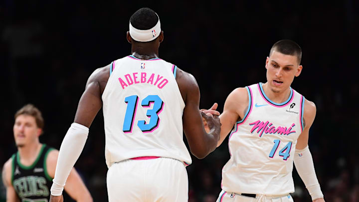 Apr 2, 2025; Boston, Massachusetts, USA; Miami Heat center Bam Adebayo (13) is congratulated by guard Tyler Herro (14) after making a basket during the second half against the Boston Celtics at TD Garden. Mandatory Credit: Bob DeChiara-Imagn Images Apr 2, 2025; Boston, Massachusetts, USA; Miami Heat center Bam Adebayo (13) is congratulated by guard Tyler Herro (14) after making a basket during the second half against the Boston Celtics at TD Garden. Mandatory Credit: Bob DeChiara-Imagn Images