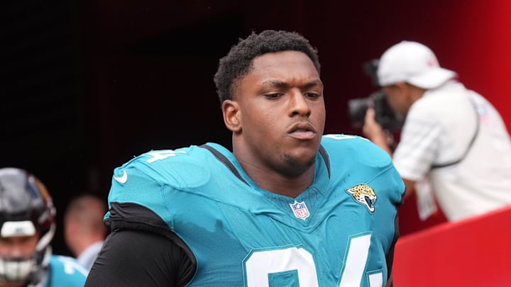 Sep 28, 2025; Santa Clara, California, USA; Jacksonville Jaguars defensive tackle Maason Smith (94) before the game against the San Francisco 49ers at Levi's Stadium. Mandatory Credit: Darren Yamashita-Imagn Images