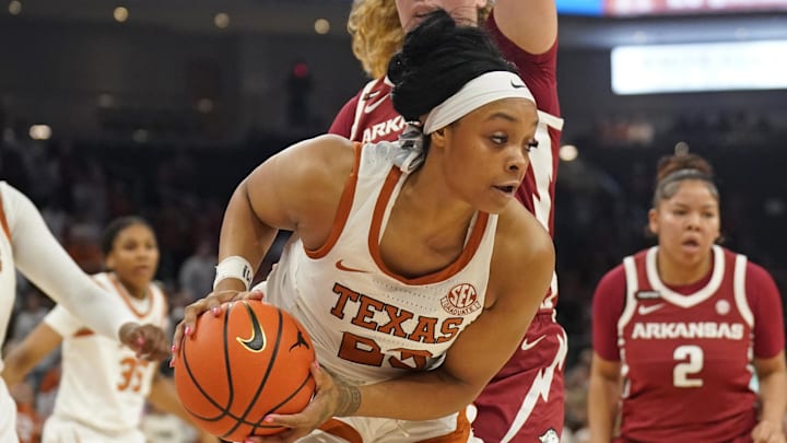 Jan 5, 2025; Austin, Texas, USA; Texas Longhorns forward Aaliyah Moore (23) looks to pass the ball during the first half against the Arkansas Razorbacks at Moody Center. Mandatory Credit: Scott Wachter-Imagn Images Jan 5, 2025; Austin, Texas, USA; Texas Longhorns forward Aaliyah Moore (23) looks to pass the ball during the first half against the Arkansas Razorbacks at Moody Center. Mandatory Credit: Scott Wachter-Imagn Images