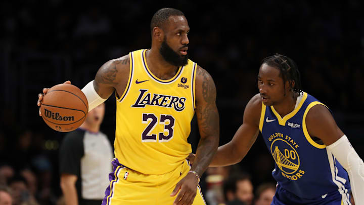 Oct 13, 2023; Los Angeles, California, USA; Los Angeles Lakers forward LeBron James (23) matches up