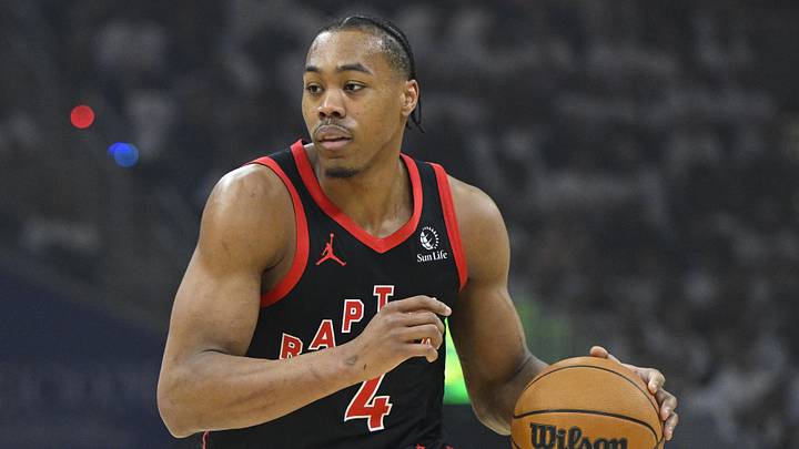 Apr 29, 2026; Cleveland, Ohio, USA; Toronto Raptors forward Scottie Barnes (4) brings the ball up court against the Cleveland Cavaliers in the first quarter of game five of the first round of the 2026 NBA Playoffs at Rocket Arena. Mandatory Credit: David Richard-Imagn Images