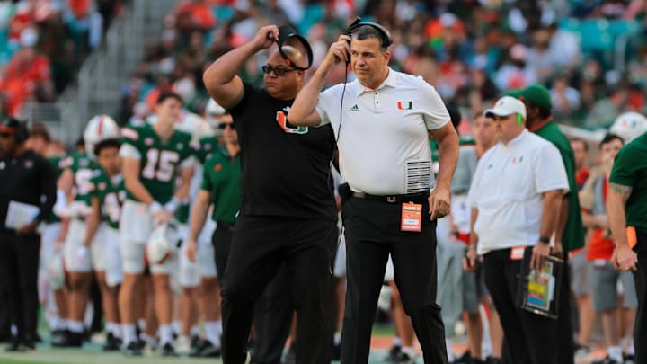 Nov 23, 2024; Miami Gardens, Florida, USA; Miami Hurricanes head coach Mario Cristobal look son from the sideline against the Wake Forest Demon Deacons during the second quarter at Hard Rock Stadium. Mandatory Credit: Sam Navarro-Imagn Images