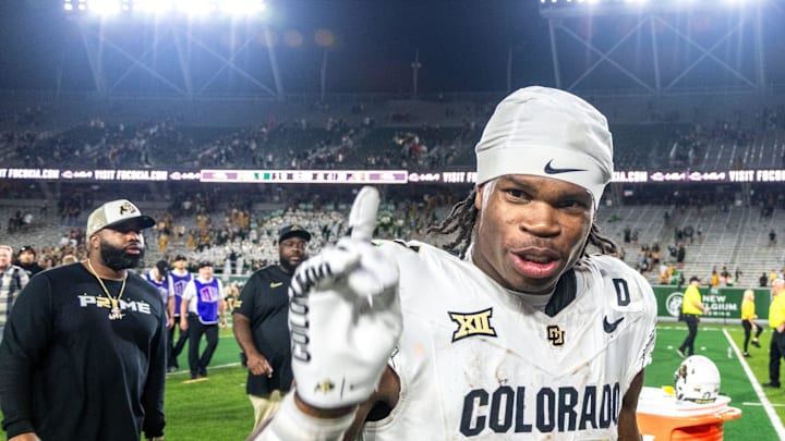 Colorado Buffaloes standout athlete Travis Hunter flashes a No. 1 with his finger after a win against CSU in the Rocky Mountain Showdown at Canvas Stadium on Saturday, Sept. 14, 2024, in Fort Collins, Colo.