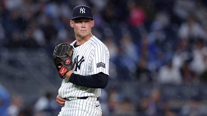 Aug 7, 2024; Bronx, New York, USA; New York Yankees starting pitcher Will Warren (98) reacts during the second inning against the Los Angeles Angels at Yankee Stadium. Mandatory Credit: Brad Penner-Imagn Images Aug 7, 2024; Bronx, New York, USA; New York Yankees starting pitcher Will Warren (98) reacts during the second inning against the Los Angeles Angels at Yankee Stadium. Mandatory Credit: Brad Penner-Imagn Images